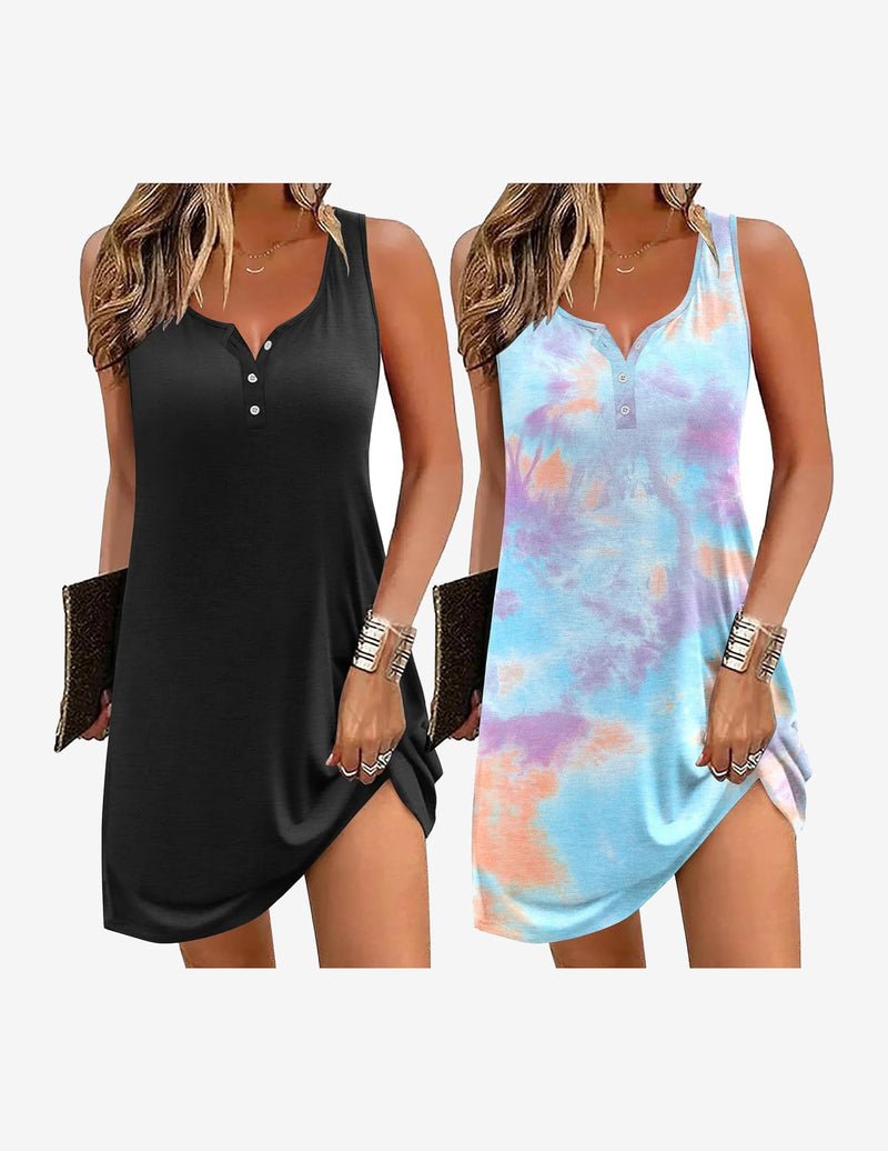 2-pack sleeveless night gowns, black solid and pastel tie-dye print, button front