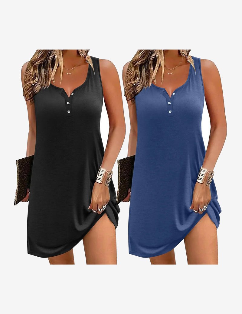 2-pack sleeveless night gowns, black solid and blue plain, button front