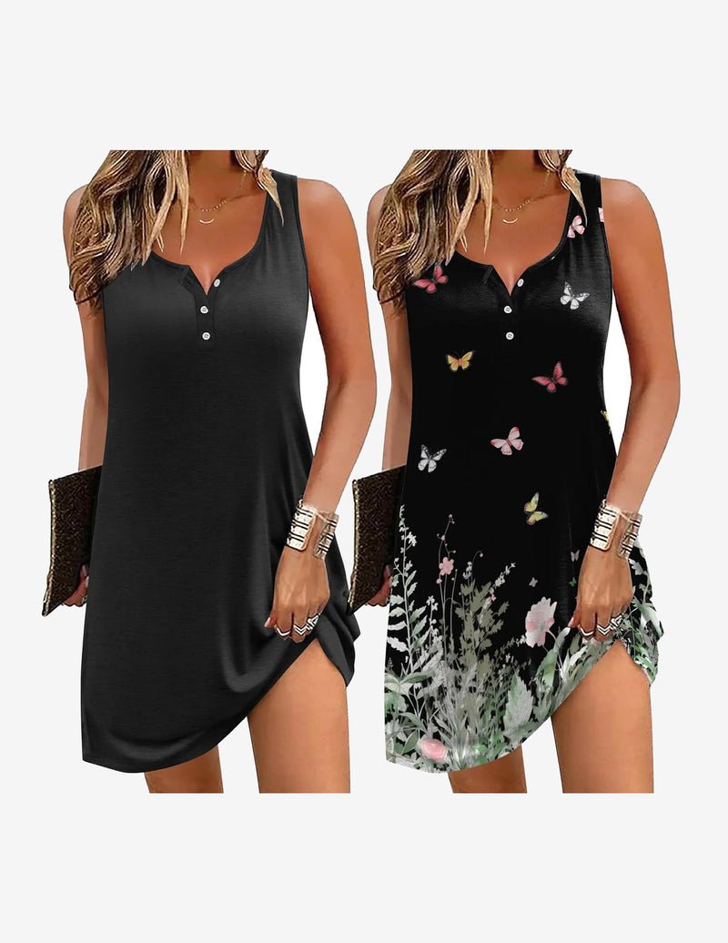 2-pack sleeveless night gowns, black solid and dark butterfly floral print, button front