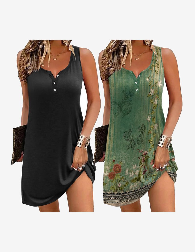 2-pack sleeveless night gowns, black solid and green patterned, button front