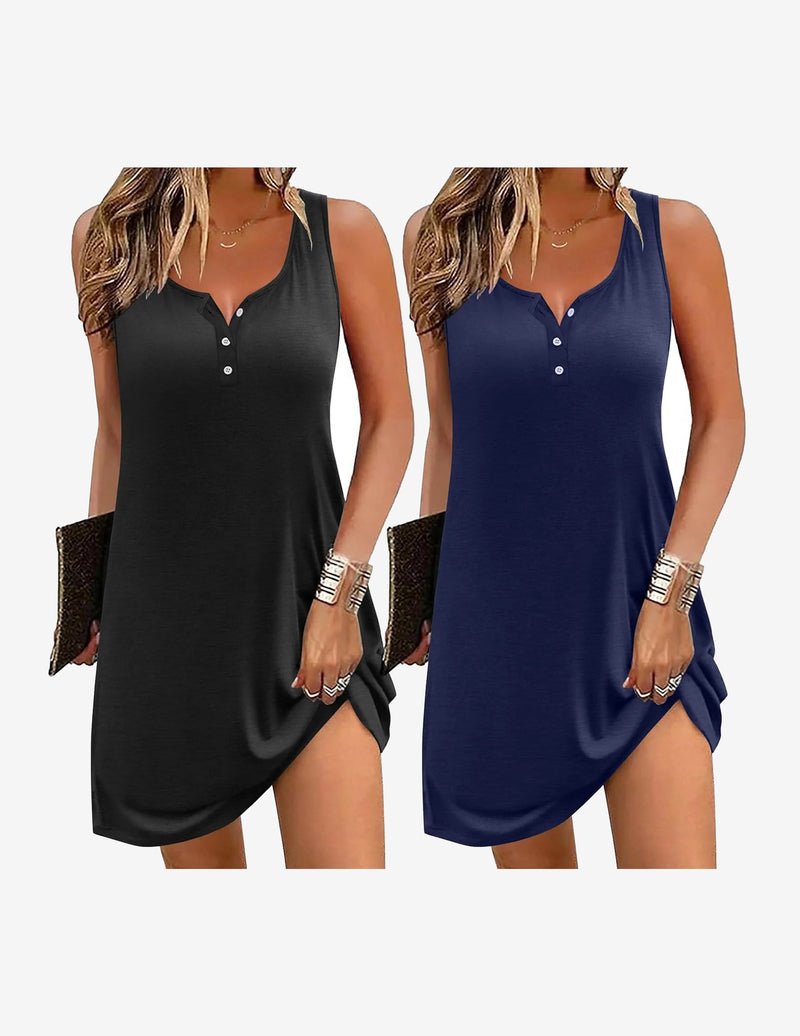 Two sleeveless night gowns: solid black and solid navy with button front
