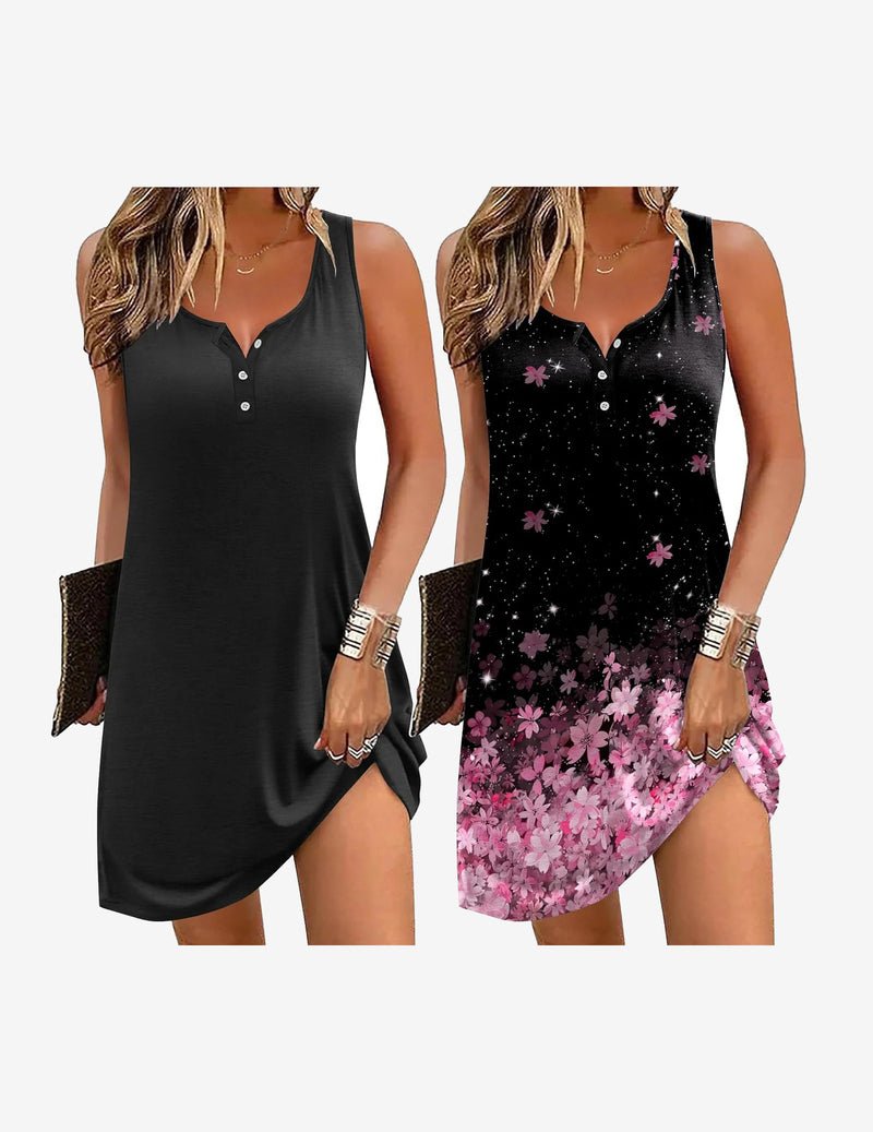 2-pack sleeveless night gowns, black solid and dark floral print, button front