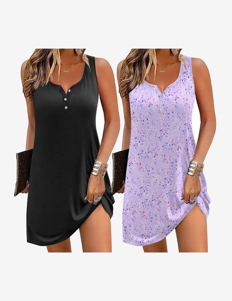 2-pack sleeveless night gowns, black solid and purple speckle print, button front