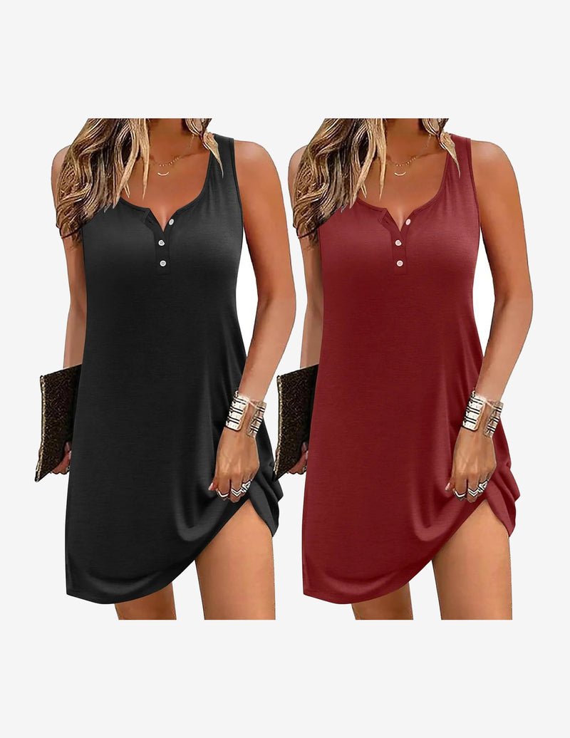 2-pack nightgown dress: black and wine-red sleeveless henley with button placket