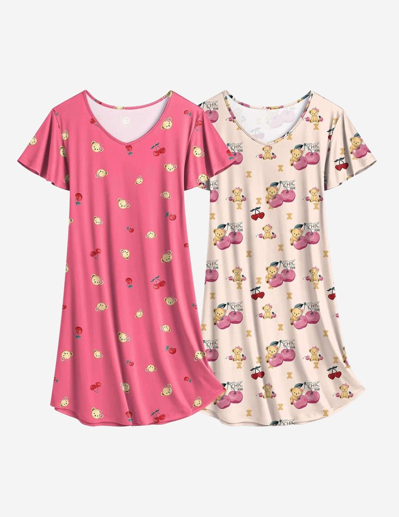 2er-Nachthemd, pinkes Teddy-Print + cremefarbenes Teddy-Print, V-Ausschnitt