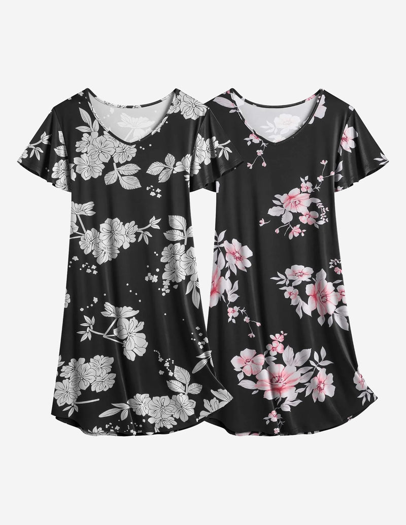 2er-Pack Nachthemd-Kleider: schwarzer Blumenprint + schwarzes Blumenprint mit Rosa, kurzarm
