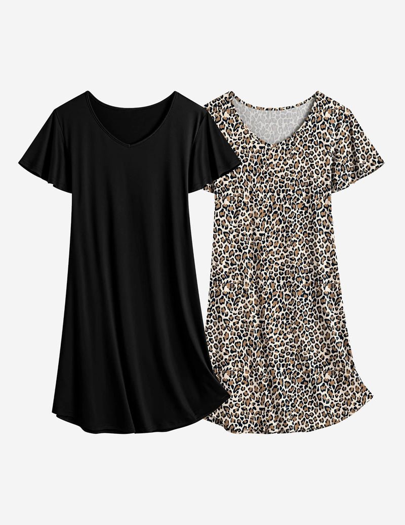 2er-Pack Nachthemd-Kleider: schwarzes Uni + leopardfarbener Print, V-Ausschnitt, kurzarm