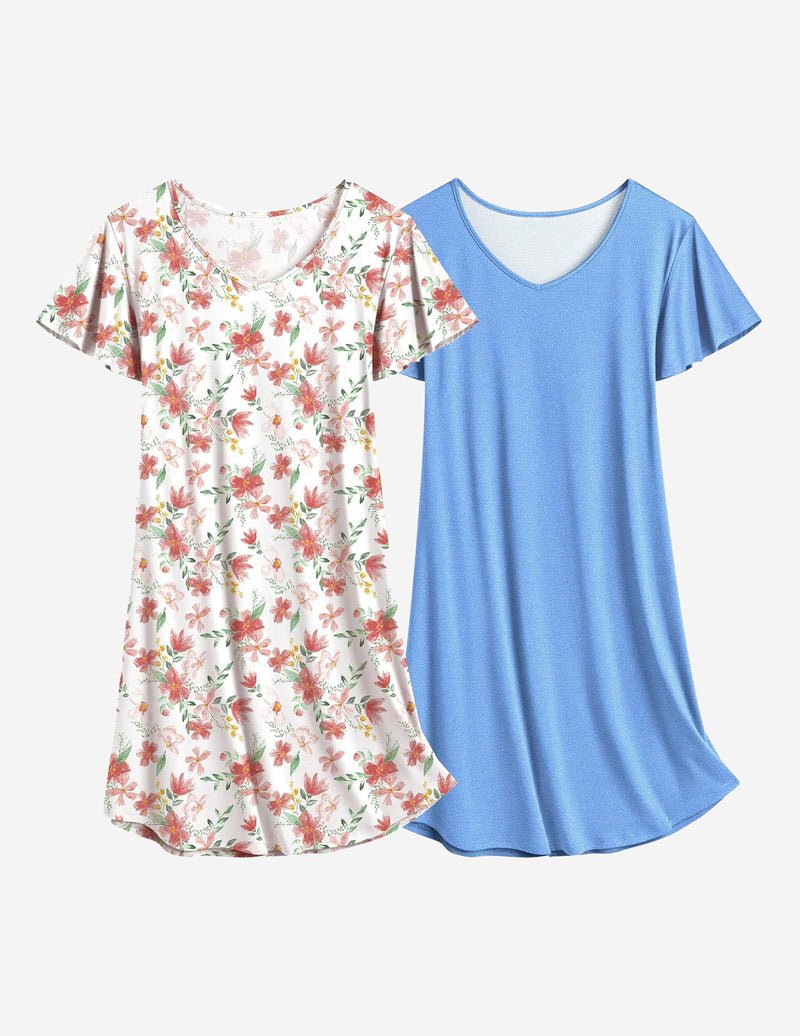 2er Nachthemden mit V-Ausschnitt: weiß mit roten Blumen & hellblau einfarbiges Schlafkleid