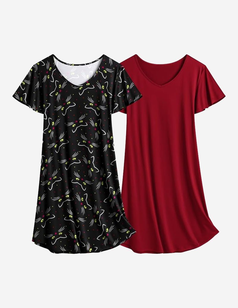 2er Nachthemden mit V-Ausschnitt: schwarzer Tier-Print & weinrotes einfarbiges Schlafkleid