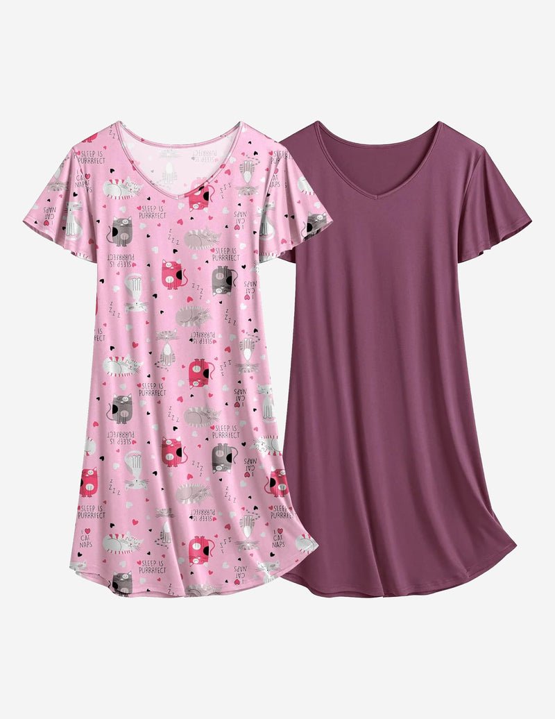 2er Nachthemden mit V-Ausschnitt: rosé mit Figurenprint & weinrotes einfarbiges Schlafkleid