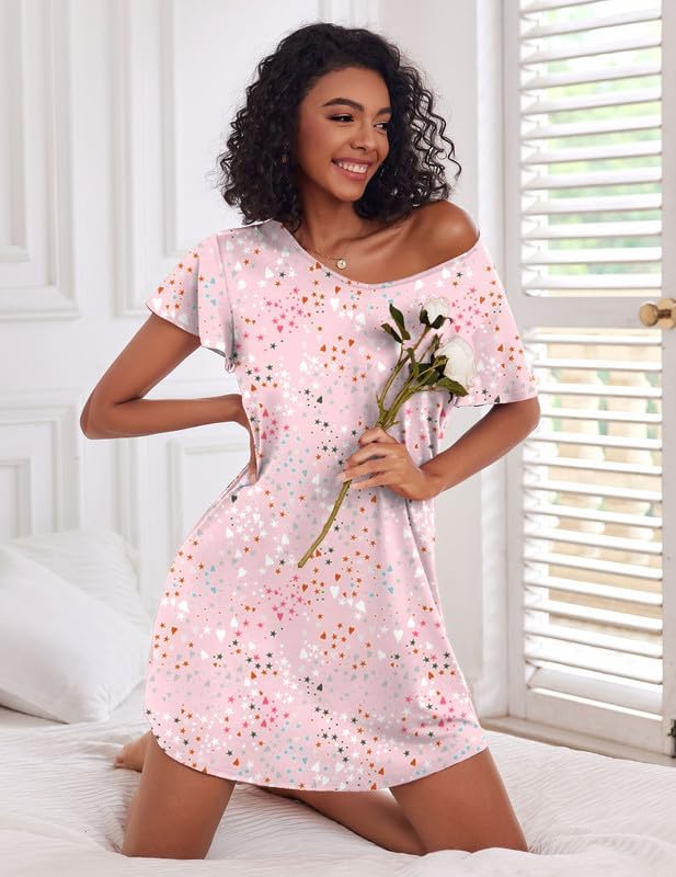 Rosa Nachtkleid mit Sternenprint, rundem Ausschnitt, kurzärmelig
