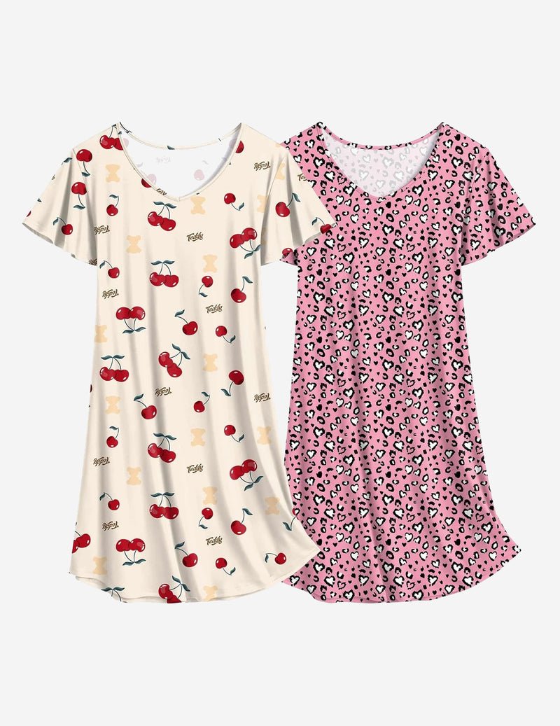 2er-Nachthemd, cremefarbenes Kirschen-Print + pinkes Leoparden-Print, V-Ausschnitt