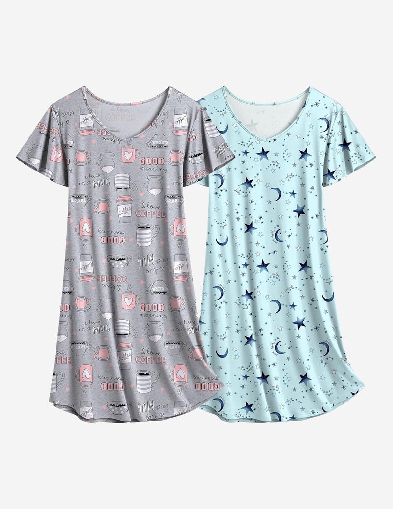 2er-Pack Nachthemd-Kleider: grau mit Kaffee-Print + hellblau mit Sternen und Monden, kurzarm