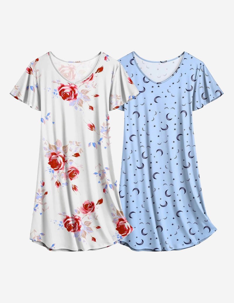 2er-Pack Nachthemd-Kleider: weiß mit Rosenprint + hellblau mit Mond- und Sternen, V-Ausschnitt