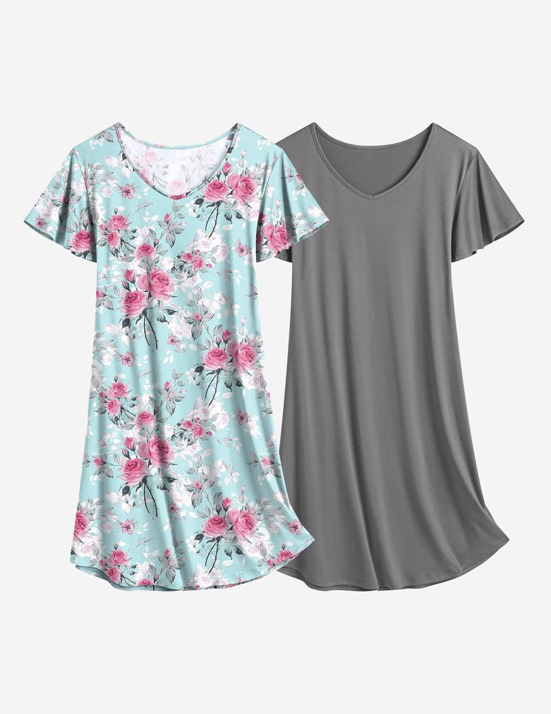 2er Nachthemden, hellblau mit Blumenprint & graues einfarbiges V-Ausschnitt Schlafkleid