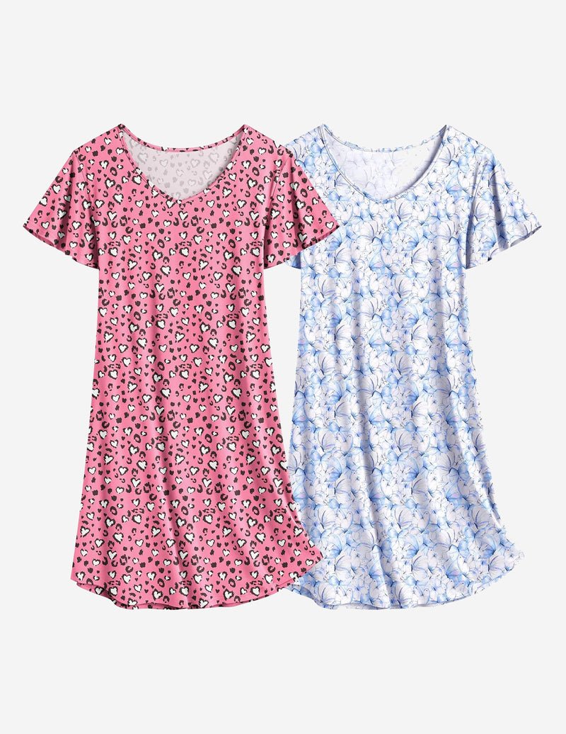 2er Nachthemden mit V-Ausschnitt: pinkes Herzprint-Top & hellblaues Taschen-Print-Schlafkleid