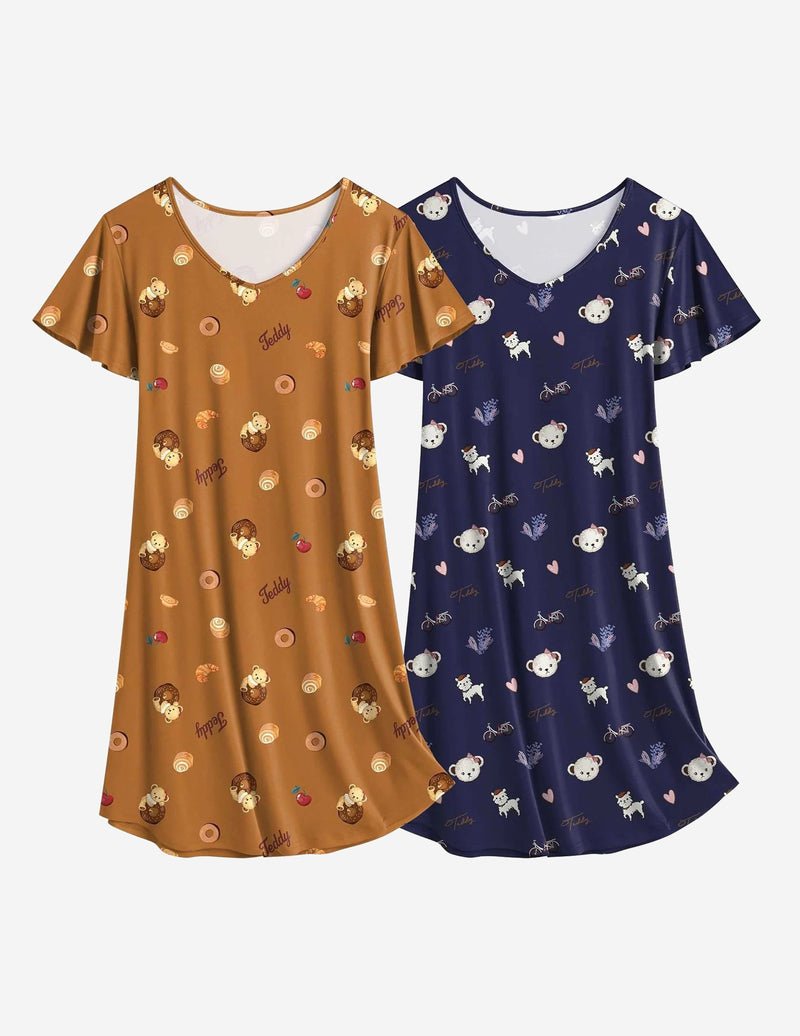 2er-Nachthemd, braunes Teddy-Print + dunkelblaues Teddy-Print, V-Ausschnitt