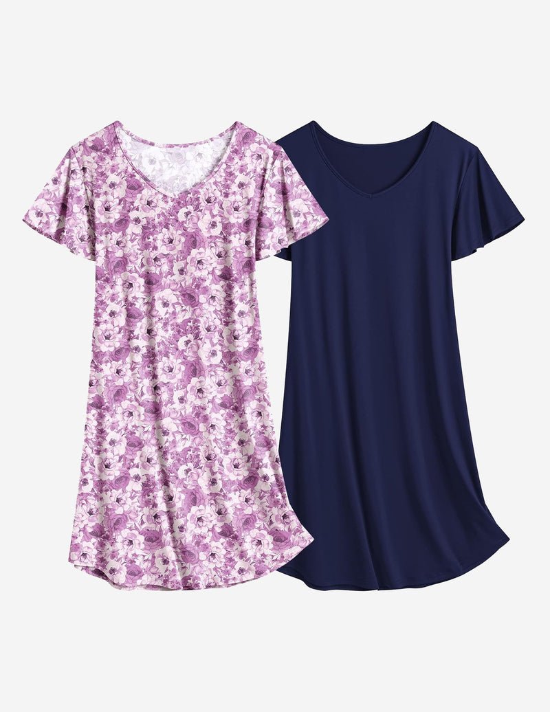 2er Nachthemden mit V-Ausschnitt: lila Blumenprint & dunkelblau einfarbiges Schlafkleid