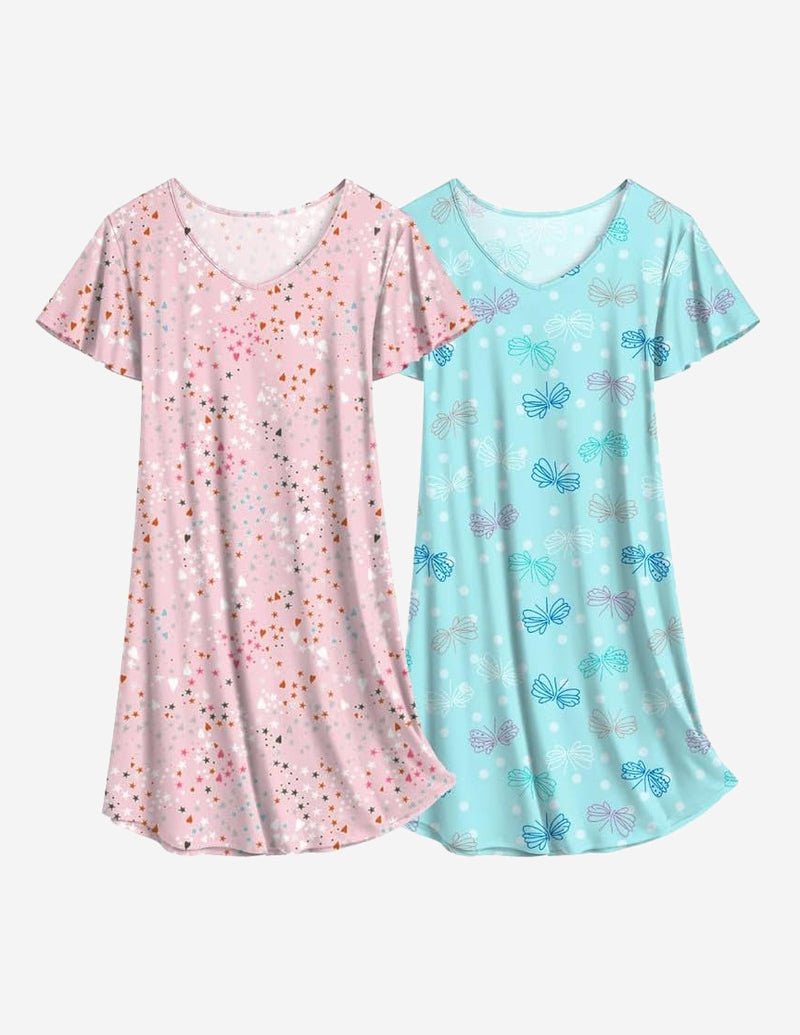 2er Nachthemden mit V-Ausschnitt: rosé Sternenprint & türkis Schmetterlingsprint Schlafkleid