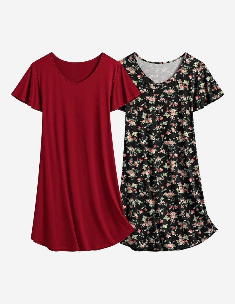 2er Nachthemden mit V-Ausschnitt: bordeaux einfarbiges Schlafkleid & schwarzes Blumenprint