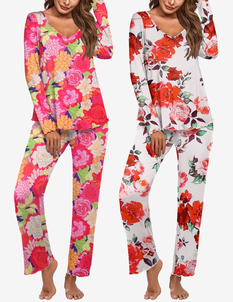 Women's long-sleeve pajama set: bright pink floral print and white red floral print, matching pants