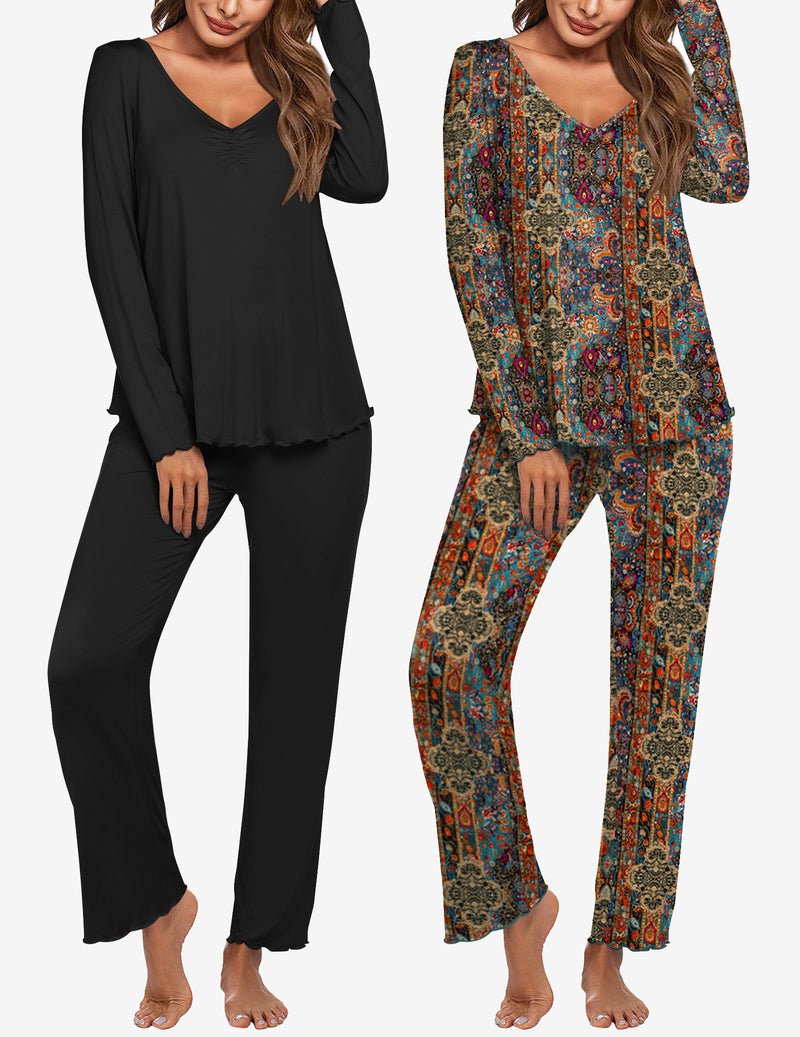 Women's long-sleeve pajama set: black solid and multicolor floral print, matching pants