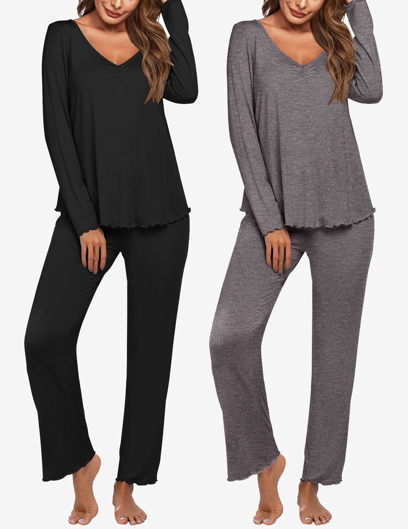 Women’s long-sleeve pajama set, two-pack: black and gray V-neck tops with matching pants.