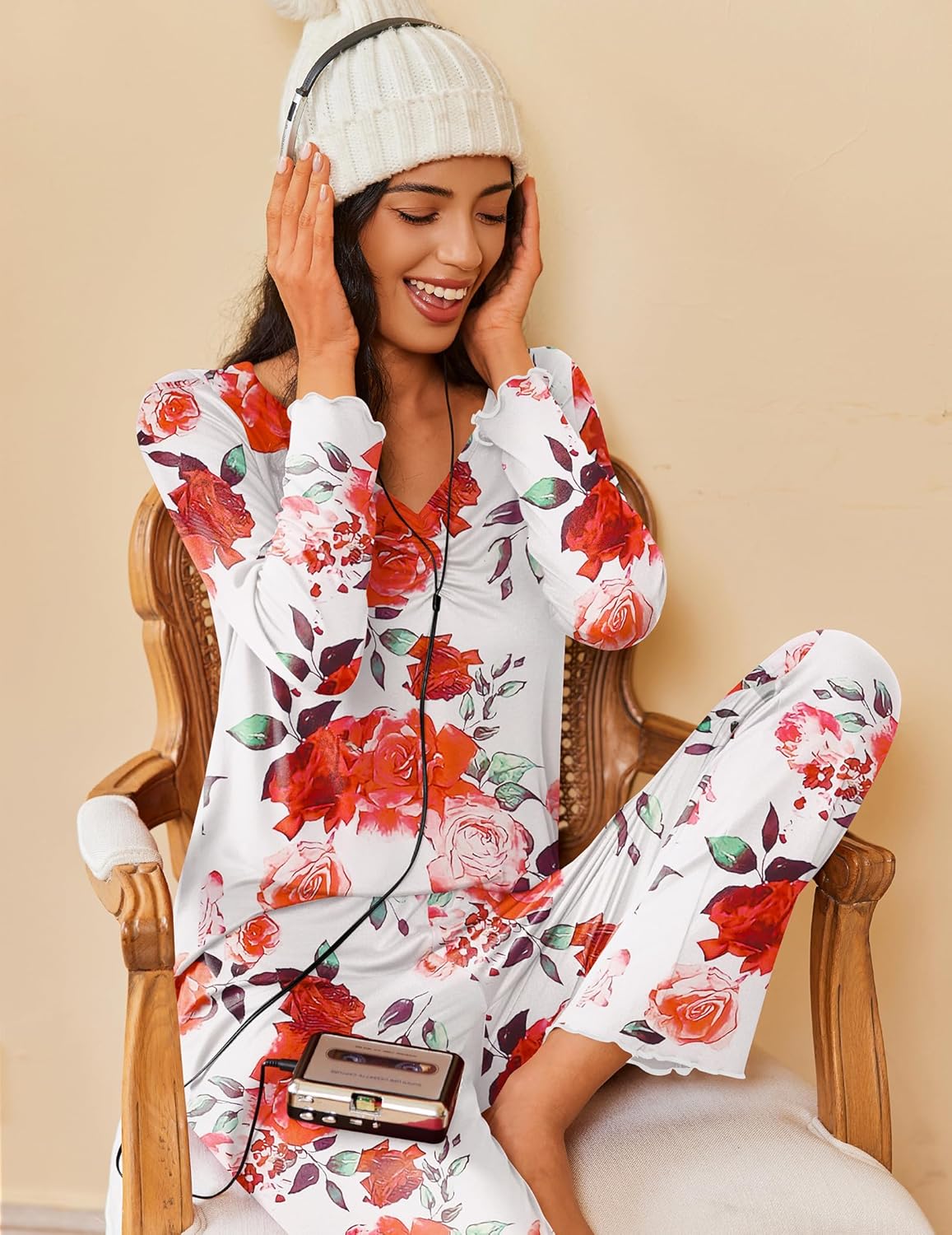 Women’s long-sleeve pajama set in white with red rose print, hooded button front