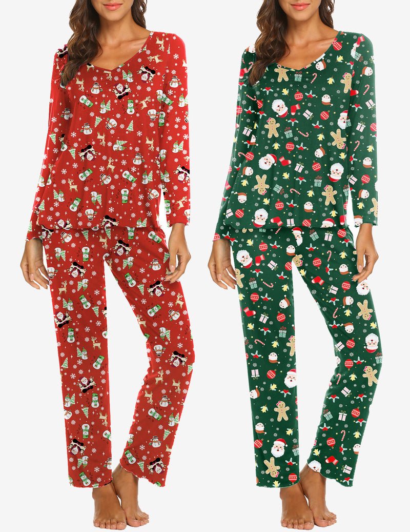 Two women’s long-sleeve pajama sets with festive print: red and green holiday patterns