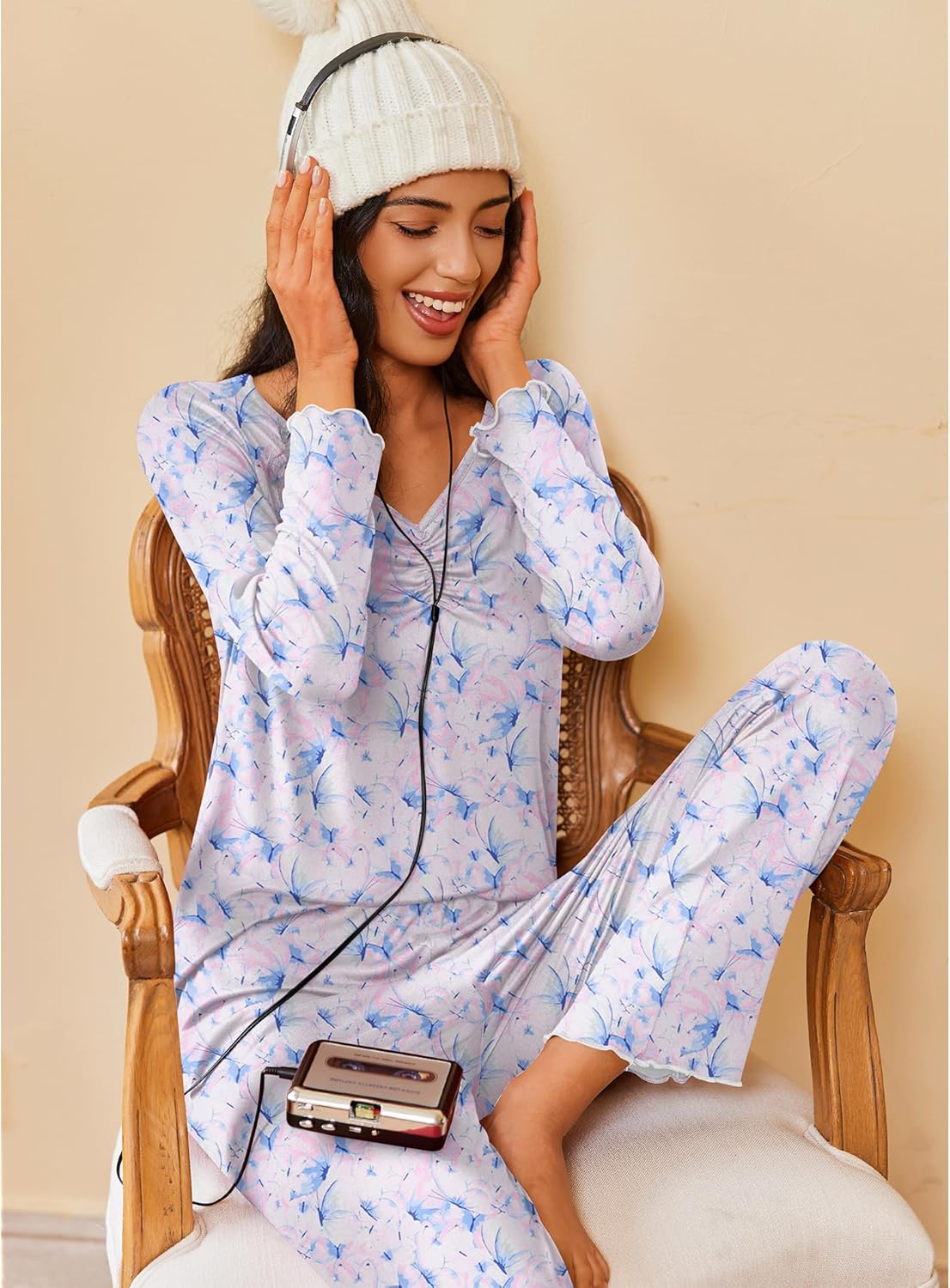 Women’s long-sleeve pajama set in light blue with floral print, hooded button front