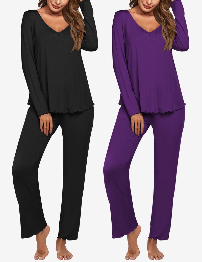 2-pack long-sleeve pajama set with V-neck tops and relaxed pants; black and purple