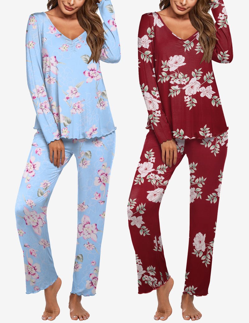 Women's long-sleeve pajama set: light blue floral print and burgundy floral print, matching pants
