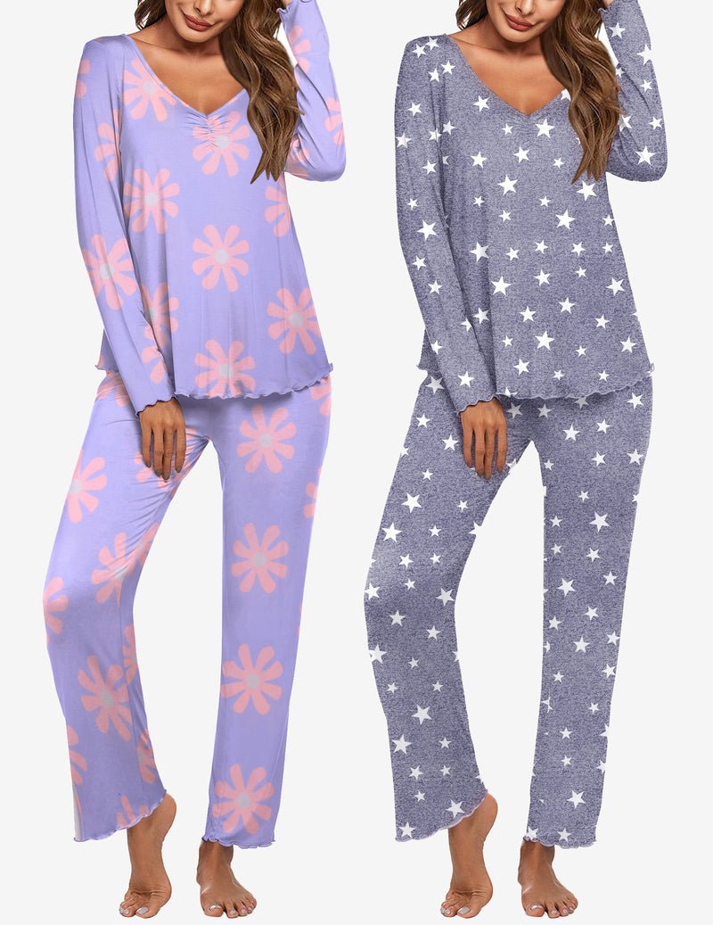 Women's long-sleeve pajama set: lavender daisy print and gray star print, matching pants