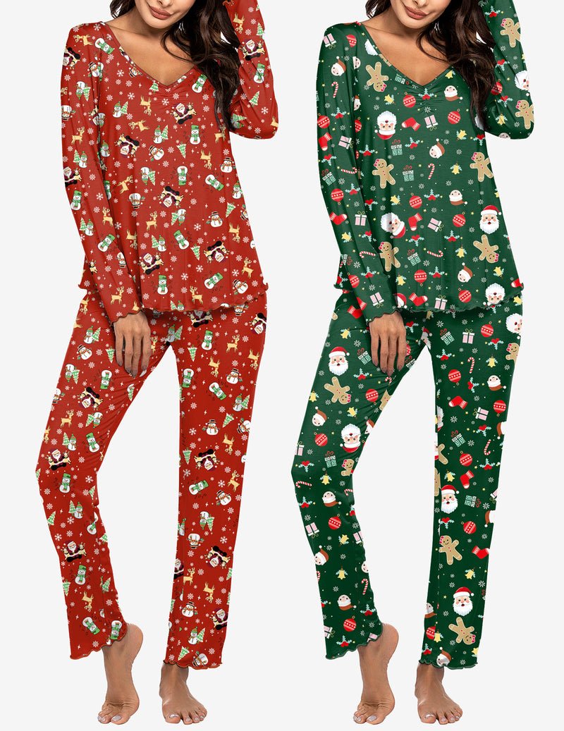 2-pack long-sleeve pajama set with V-neck tops and relaxed pants; red and green holiday prints