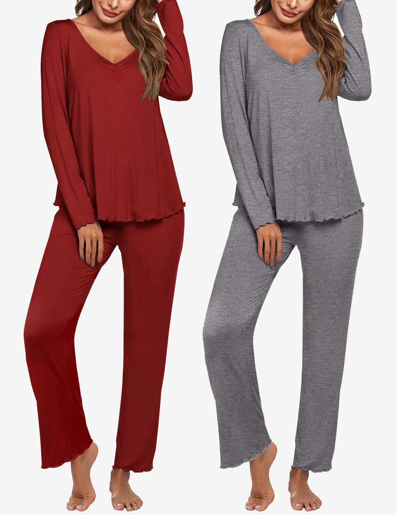 2-pack long-sleeve pajama set with V-neck tops and relaxed pants; burgundy and dark gray