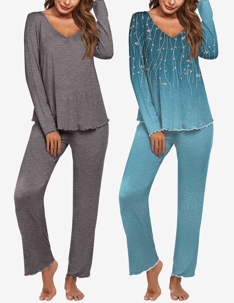 2-pack long-sleeve pajama set with V-neck tops and relaxed pants; heather gray and teal
