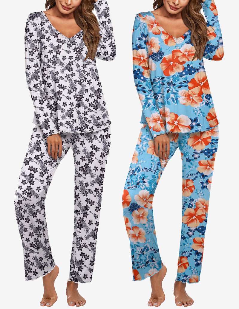 Women's long-sleeve pajama set: white with dark floral print and light blue with orange floral print