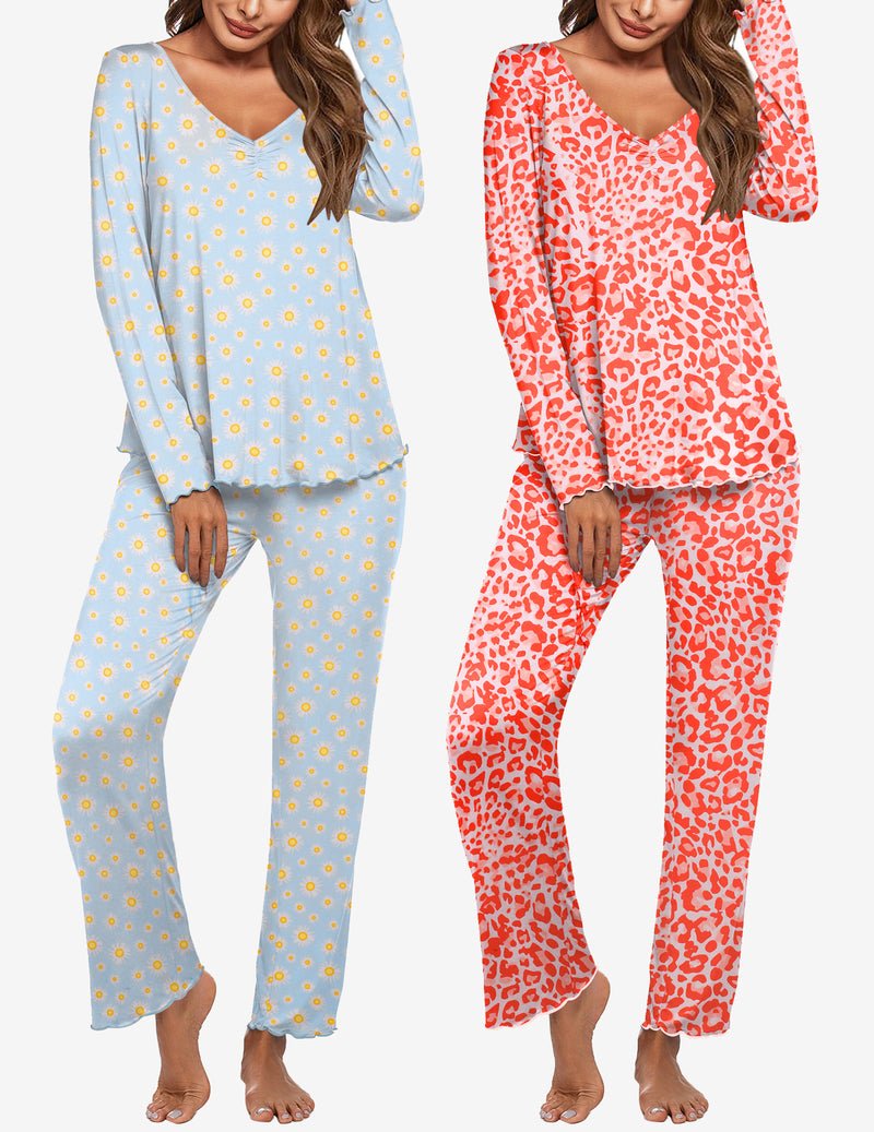 Women's long-sleeve pajama set: light blue daisy print and red leopard print, matching pants
