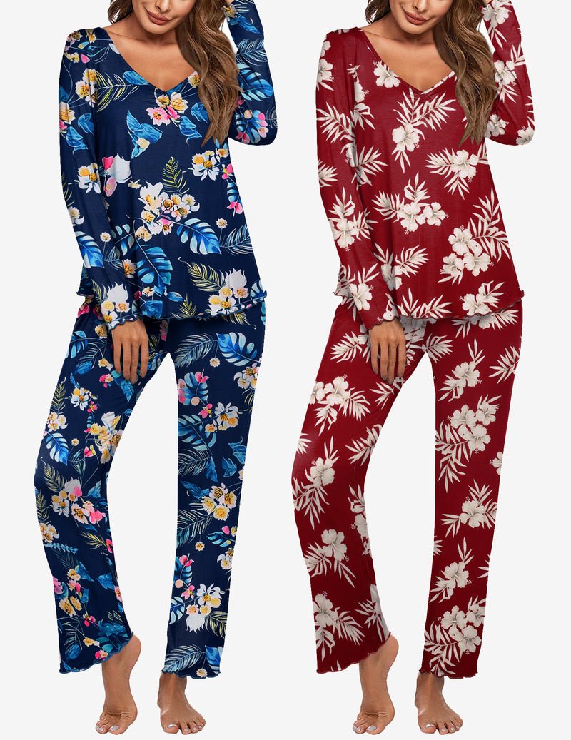 Women's long-sleeve pajama set: navy tropical floral print and red floral print, matching pants