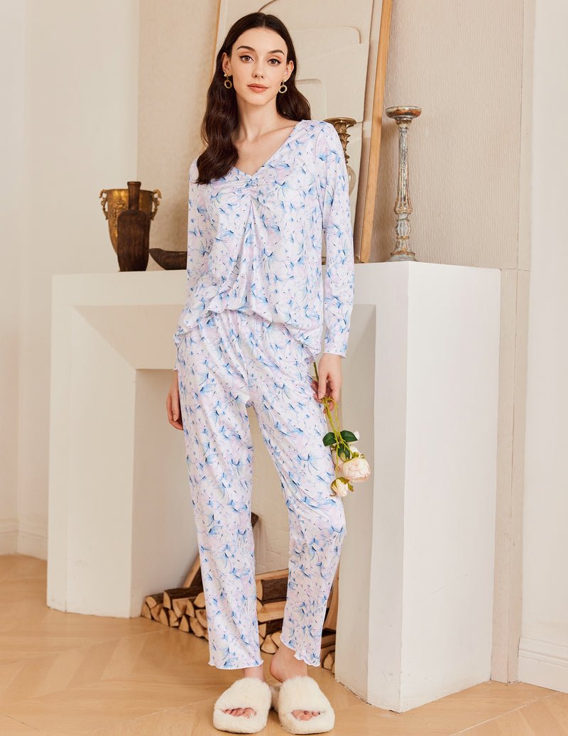 Floral long-sleeve pajama set with V-neck top and matching relaxed pants in light blue
