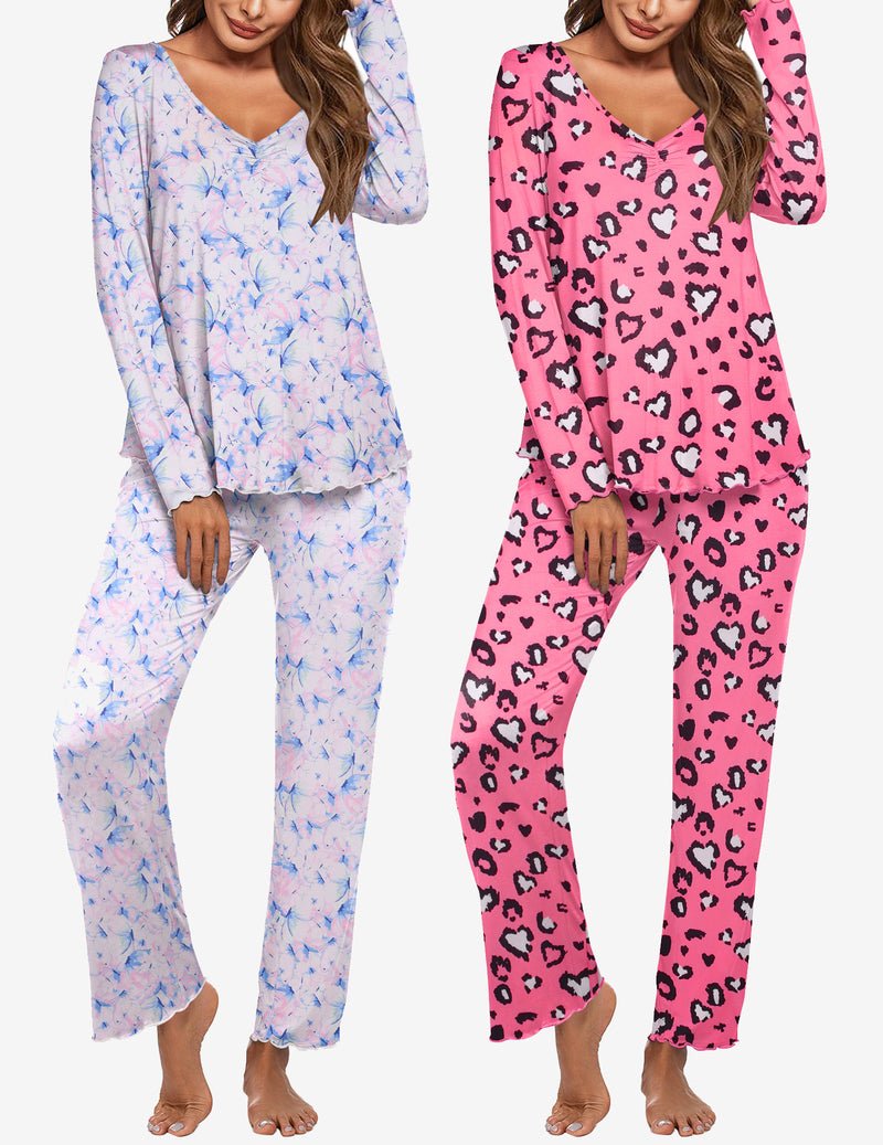 2-pack long-sleeve pajama set with V-neck tops and relaxed pants; light blue floral and pink hearts