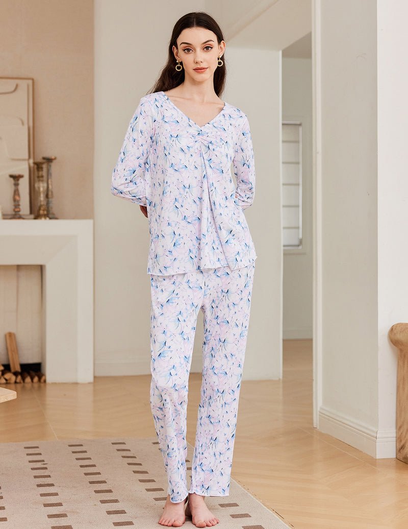Floral long-sleeve pajama set with V-neck top and matching relaxed pants in light blue