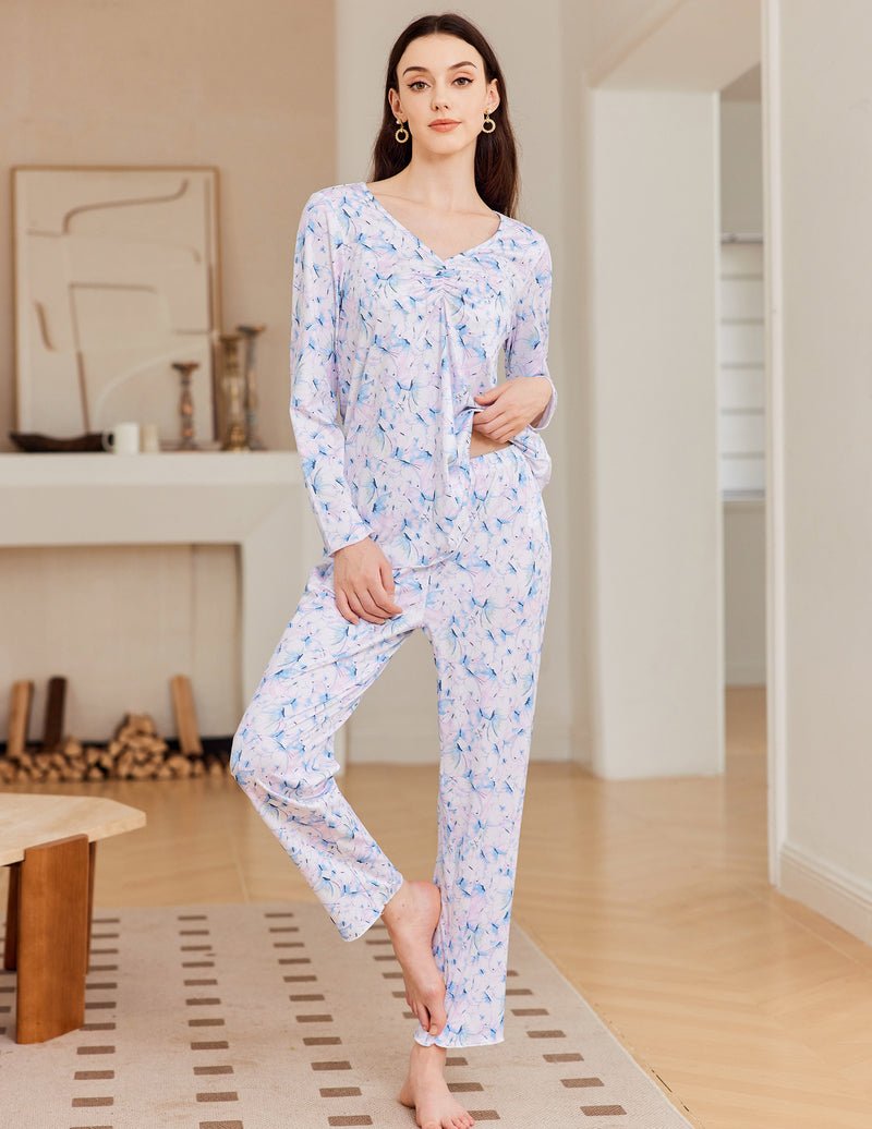 Floral long-sleeve pajama set with V-neck top and matching relaxed pants in light blue