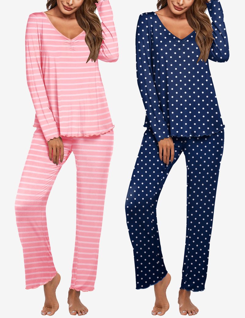 Women's long-sleeve pajama set: pink stripe print and navy polka dot print, matching pants