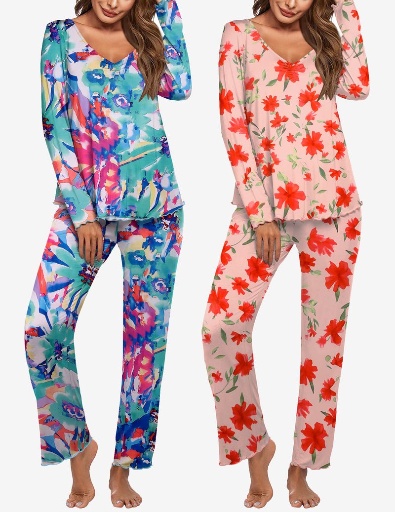 Women's long-sleeve pajama set: multicolor abstract floral print and coral floral print, matching pants