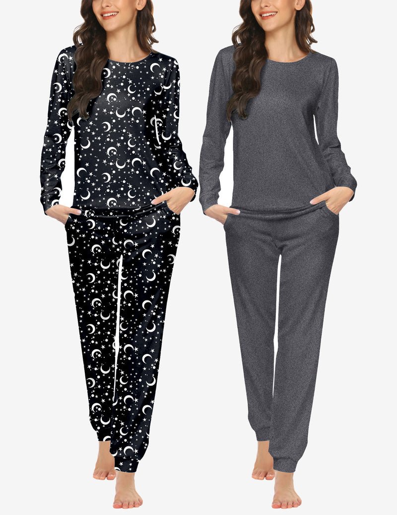 2-pack pajama set with long-sleeve black star print top and solid gray jogger pants