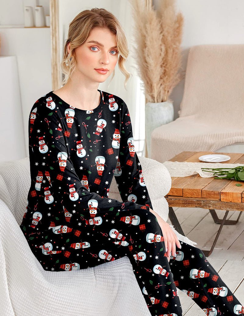 2-pack pajama set with long-sleeve black snowman print top and matching jogger pants