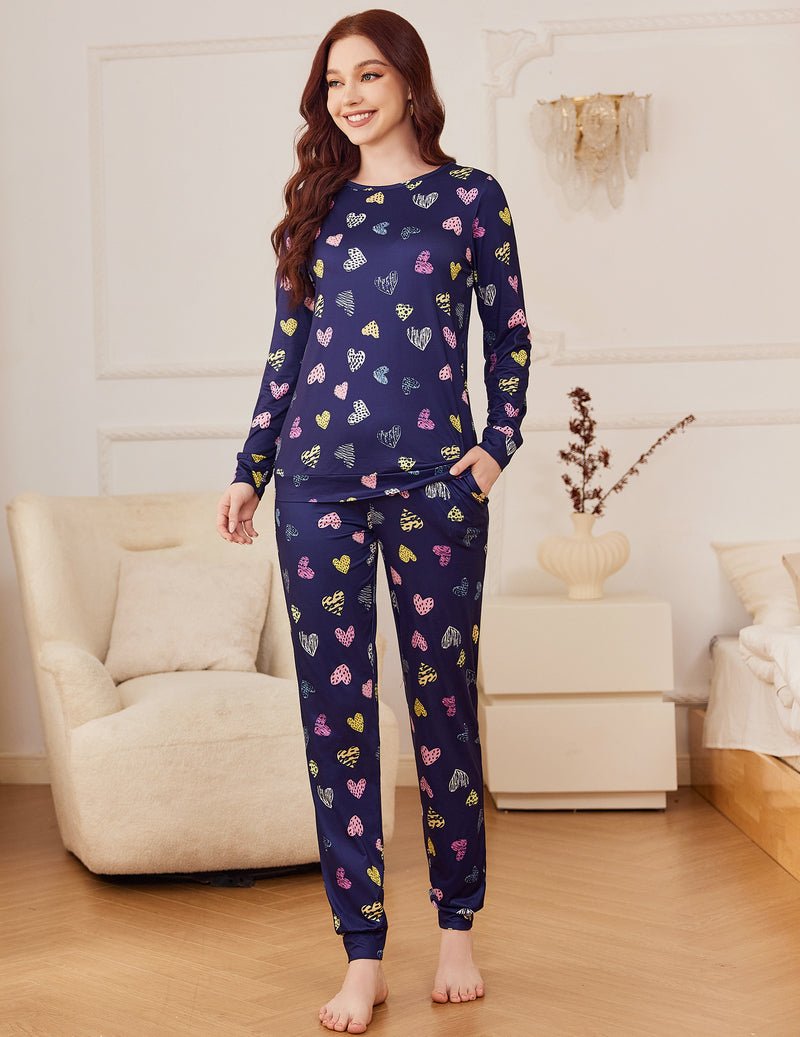 2-pack pajama set with long-sleeve navy heart print top and matching jogger pants