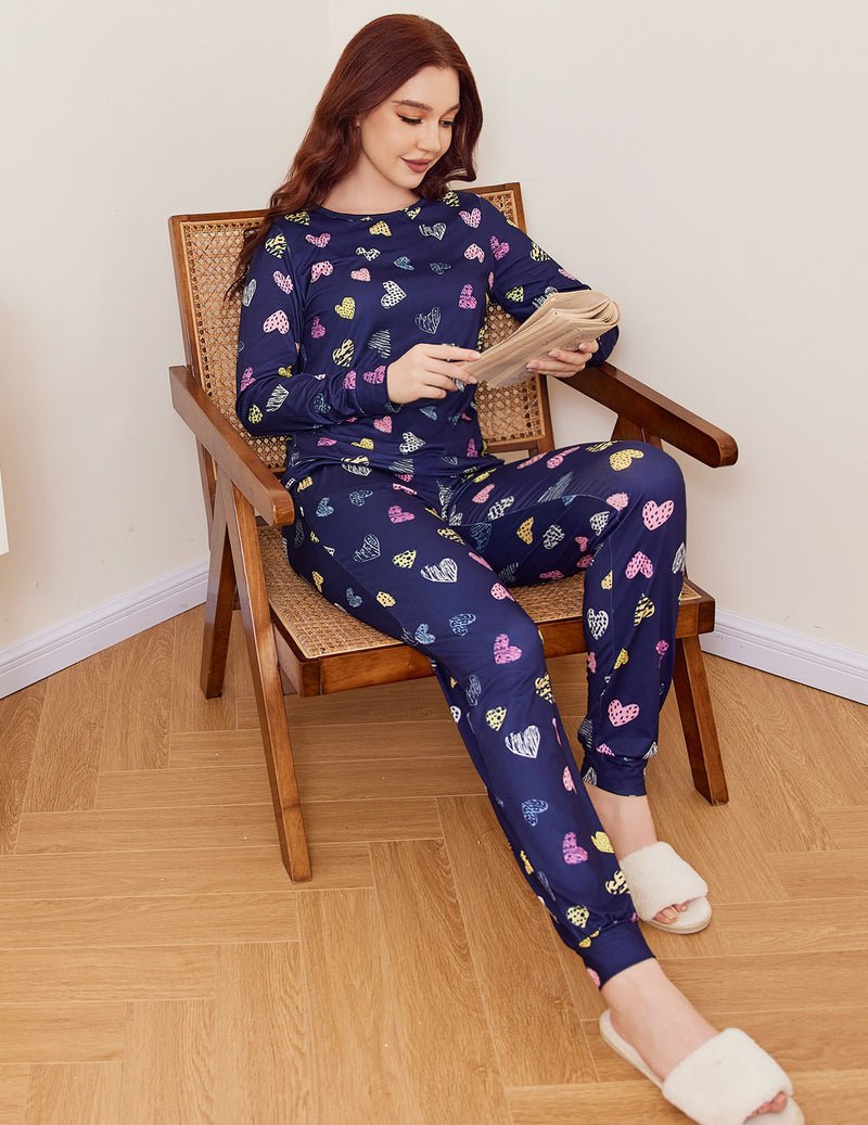 2-pack pajama set with long-sleeve navy heart print top and tapered jogger pants