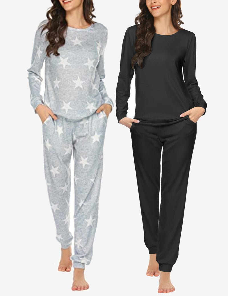 2-piece pajama set: long-sleeve top and jogger pants; light blue star print; black solid